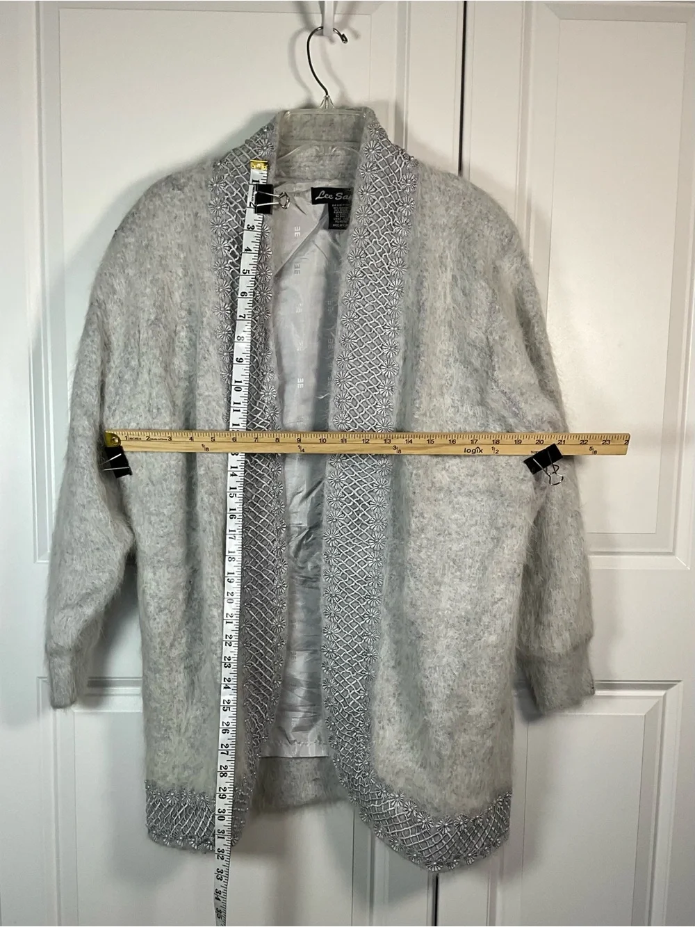 Vintage Lee Sands Angora Rabbit Hair Size OS Gray Sweater Coat Pearl Lace Trim